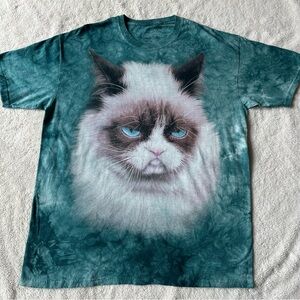 The Mountain Grumpy Cat Big Face Teal Tie Dye Sleep Shirt XL made in USA Cotton